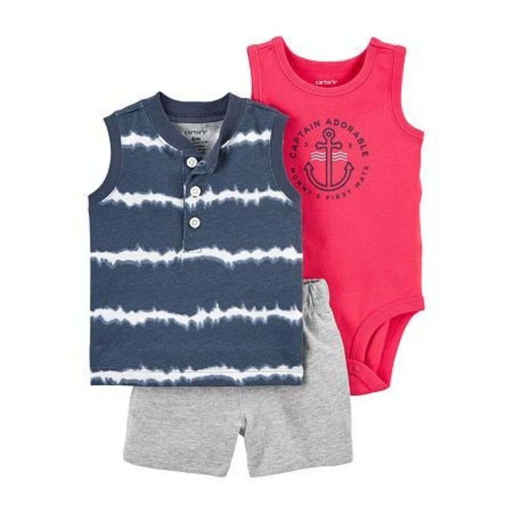 Carters Baby Boys 3-Pc. Short Set Size 18M - Tie Dye Henley Tank Graphic Bodysui